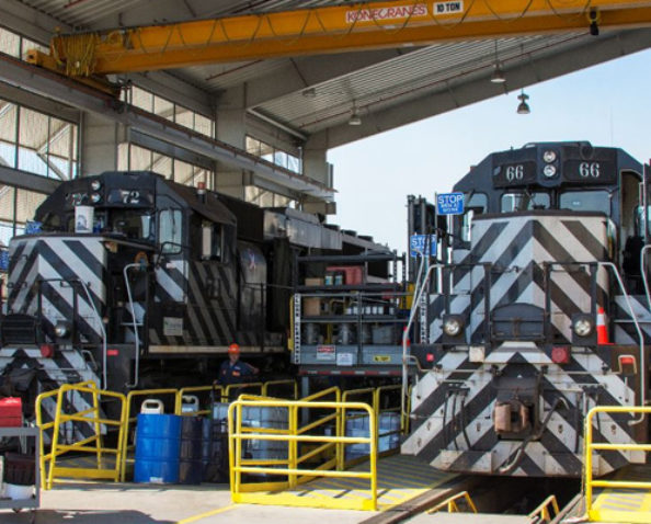 Image of Pacific Harbor Line locomotives parked in the shop